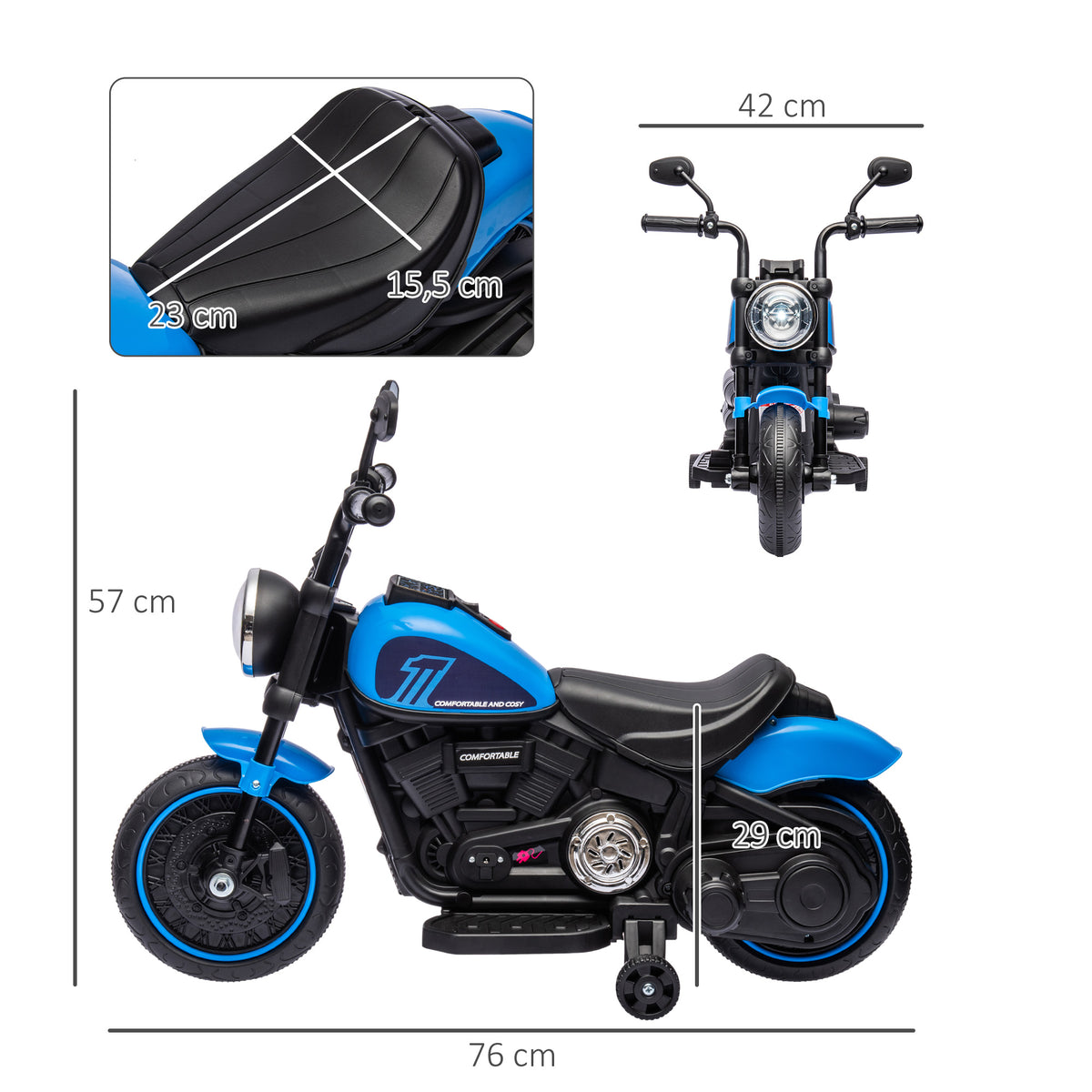 Motocicleta Elétrica para Crianças de 18-36 Meses com Bateria 6V Farol e Rodas Auxiliares Removíveis Carga 25 kg 76x42x57 cm Azul — foto 3