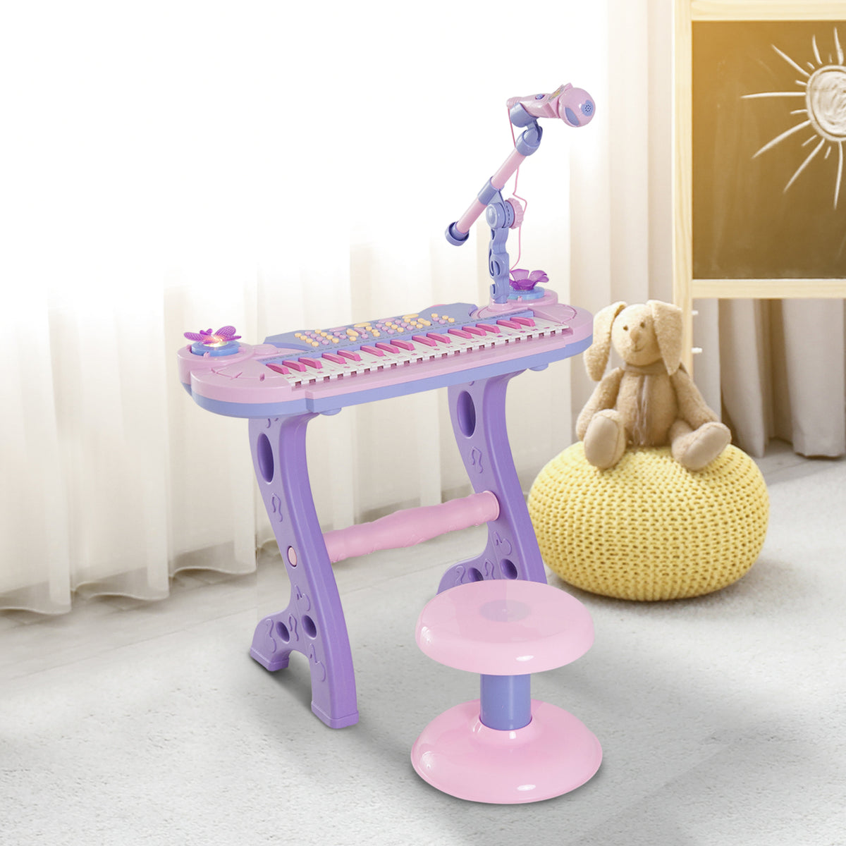 Órgão Electrónico Piano Infantil com Microfone Banquinho Luzes e 22 Canções cor Rosa — foto 2