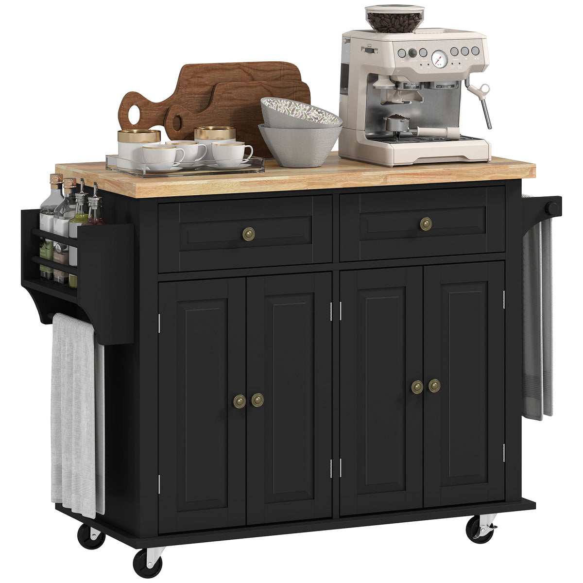 Ilha de Cozinha com Rodas Móvel Auxiliar de Cozinha com 2 Gavetas 4 Portas Suporte para Temperos e Barra Lateral 111x44,5x82,5 cm Preto e Madeira — foto 1