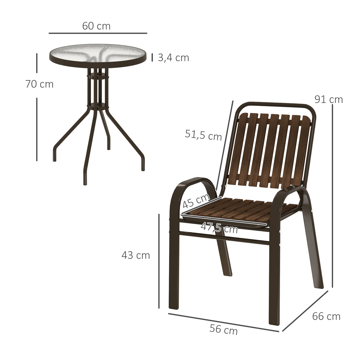 Conjunto de Jardim de 3 Peças Conjunto de Móveis de Exterior com 2 Cadeiras Empilháveis Mesa com Bancada de Vidro Temperado e Estrutura de Aço para Pátio Varanda Marrom Escuro — foto 3