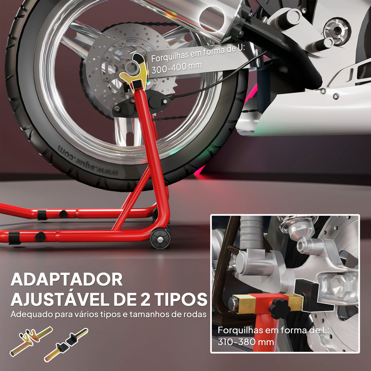 Cavalete Elevador Universal Suporte Roda Traseira Mota de Aço Resistente Carga 544 kg com Forquilhas em U e L Ajustáveis Rodas e Almofadas Antiderrapantes para Reparação e Estacionamento 58,5x34,5x69 cm Vermelho — foto 5