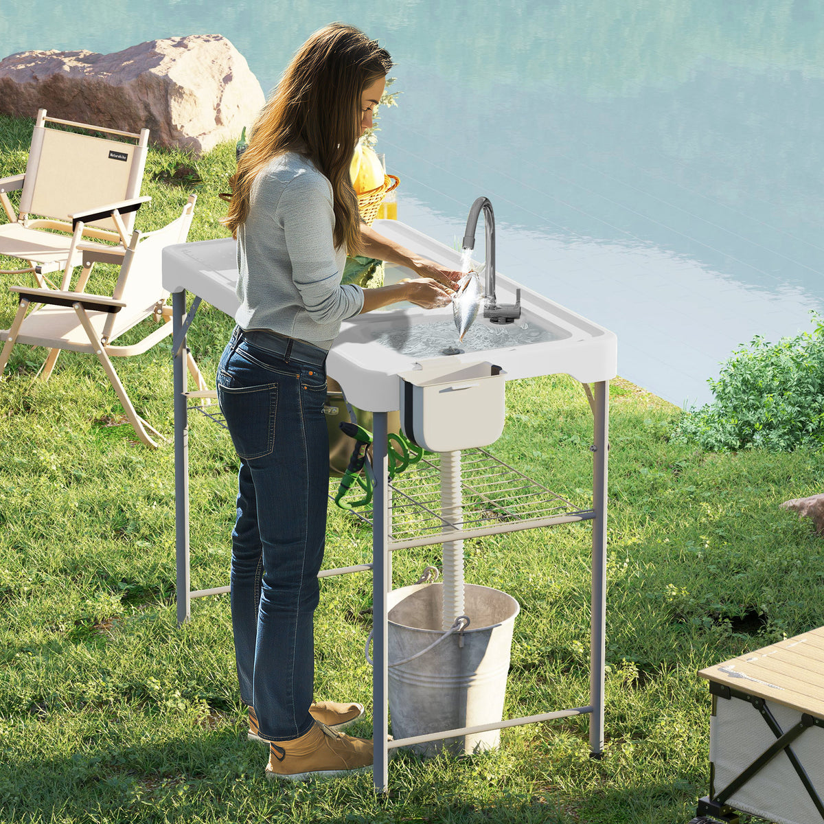 Mesa para Campismo Dobrável Mesa Mesa com 2 Lavatórios Mangueira de Drenagem Estação de Limpeza para Pesca Exterior 108x58x92 cm Branco — foto 2