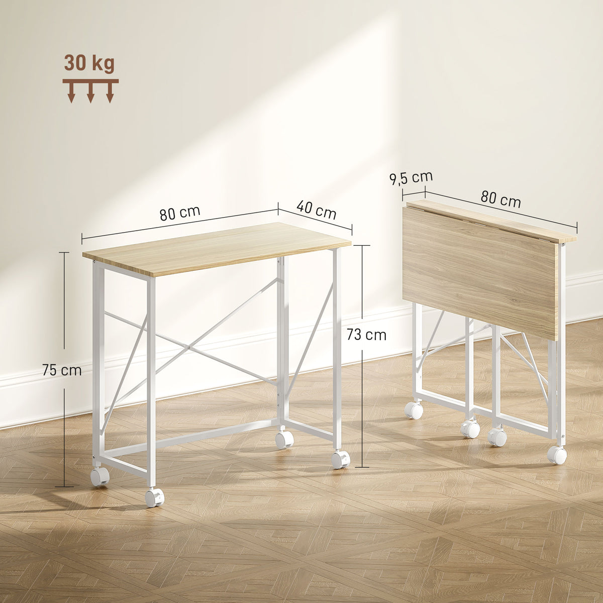 Secretária Dobrável com Rodas Mesa de Secretária Compacta Mesa para Computador Portátil para Casa Escritório Espaços Pequenos 80x40x75 cm Madeira e Branco — foto 3