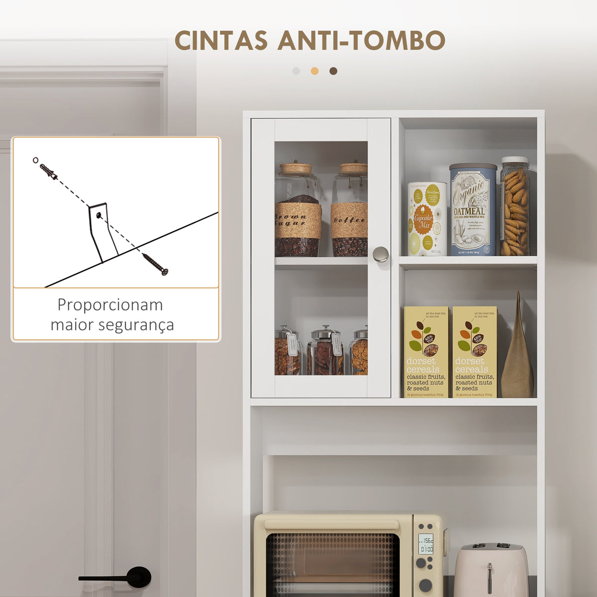 Armário de Cozinha com 2 Armários com Portas de Vidro Temperado 2 Compartimentos Abertos 4 Gavetas e Prateleiras Ajustáveis 60x35x180 cm Branco — foto 7