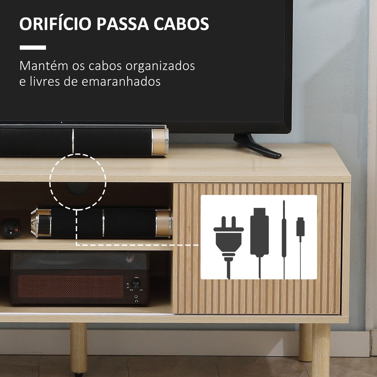 Móvel de TV Móvel para Televisão até 50 Polegadas com Portas de Correr Prateleiras Abertas e Orifícios para Cabos para Sala de Estar 115x40x49 cm Madeira — foto 6