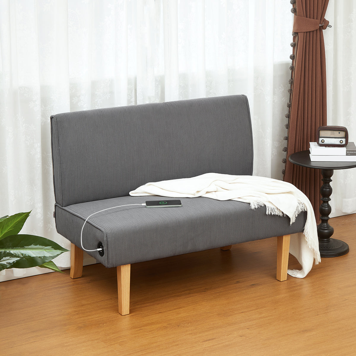 Sofá de 2 Lugares Estofado em Veludo Cotelê Sofá Sala de Estar sem Apoio para os Braços com 2 Entradas USB 1 Entrada Tipo C e Pés de Madeira Sofá Pequeno Carga 240 kg 110x60x85 cm Cinza — foto 2