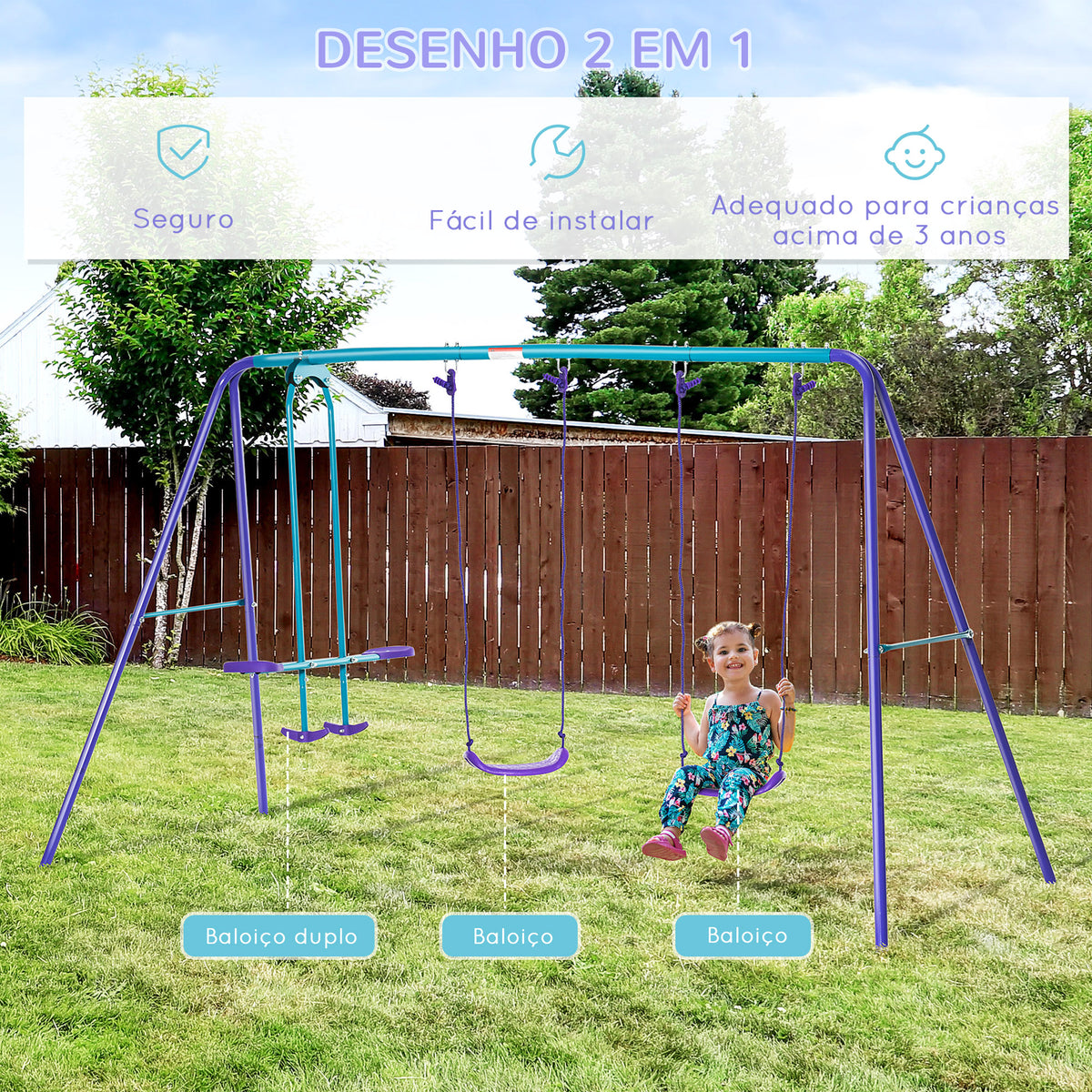 Conjunto de Baloiços de Jardim de Metal com Altura Ajustável Baloiços para Crianças acima de 3 Anos com Baloiço Duplo Baloiço para Pátio Exterior 280x140x178 cm Azul e Roxo — foto 4