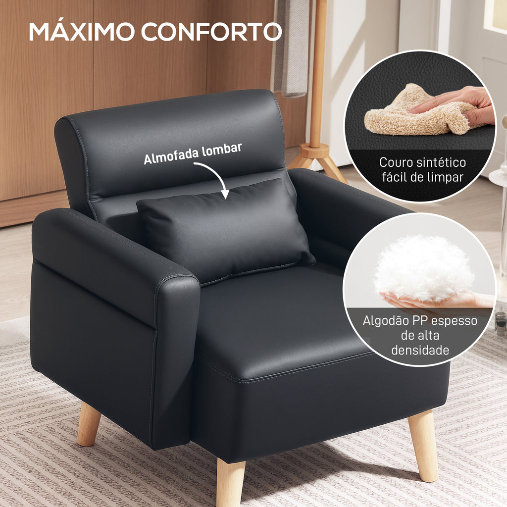 Poltrona Moderna Estofada em Couro Sintético com Apoios de Braço Acolchoados Encosto com Costuras e Pés em Madeira para Dormitório 77x78x78 cm Preto — foto 4