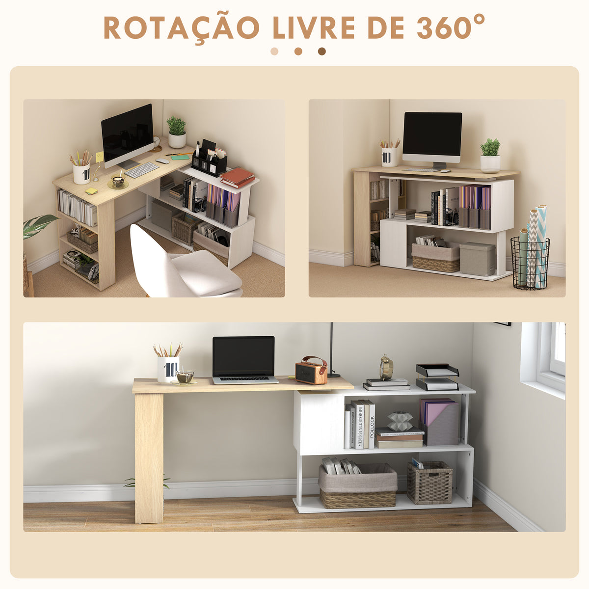 Mesa de Computador Secretária Mesa de Canto Giratória 360° com 5 Prateleiras para Casa Escritório Madeira e Branco — foto 5