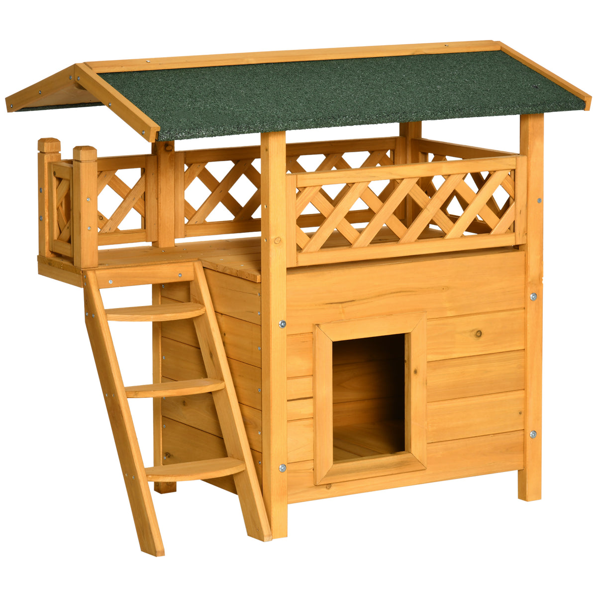 Casa para Gatos de Madeira 77x50x73cm Casa para Gatos com 2 Níveis com Teto Asfáltico Terraço Cercado Caverna e Escada para Interior e Exterior Madeira Natural — foto 1
