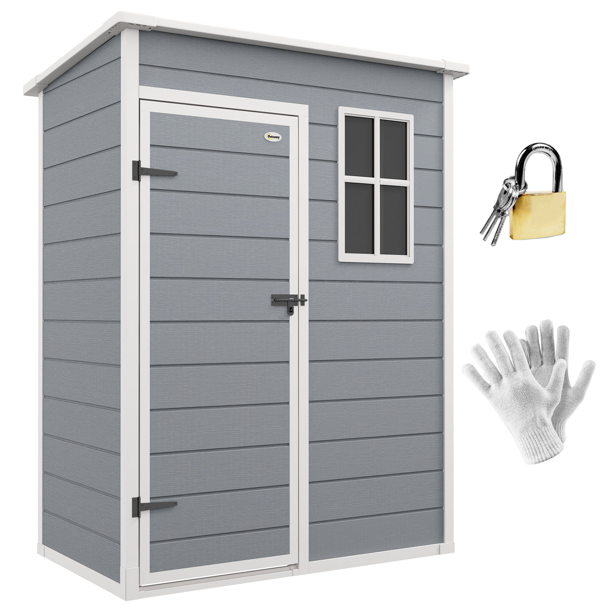 Abrigo de Jardim 1,14 m² 151x92x193 cm Abrigo de Exterior Metálico com Chão Porta de Correr Janela e Teto Inclinado para Armazenamento de Ferramentas Cinzento — foto 1
