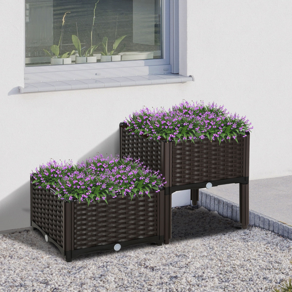 Conjunto de 2 Floreiras Quadradas Floreiras para Flores e Vegetais com Orifícios de Drenagem e Pés Altos 40x40x26-44cm Marrom — foto 2