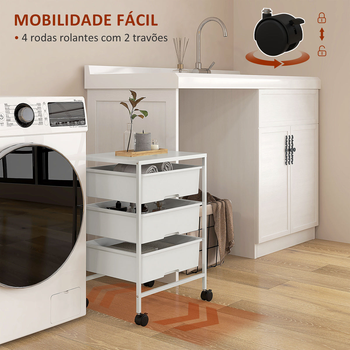 Carrinho Auxiliar com Rodas Carrinho de Cozinha de 3 Níveis com 3 Cestos para Armazenamento e Estrutura de Aço para Sala de Jantar Banheiro 40,8x33,5x60,5 cm Branco — foto 5