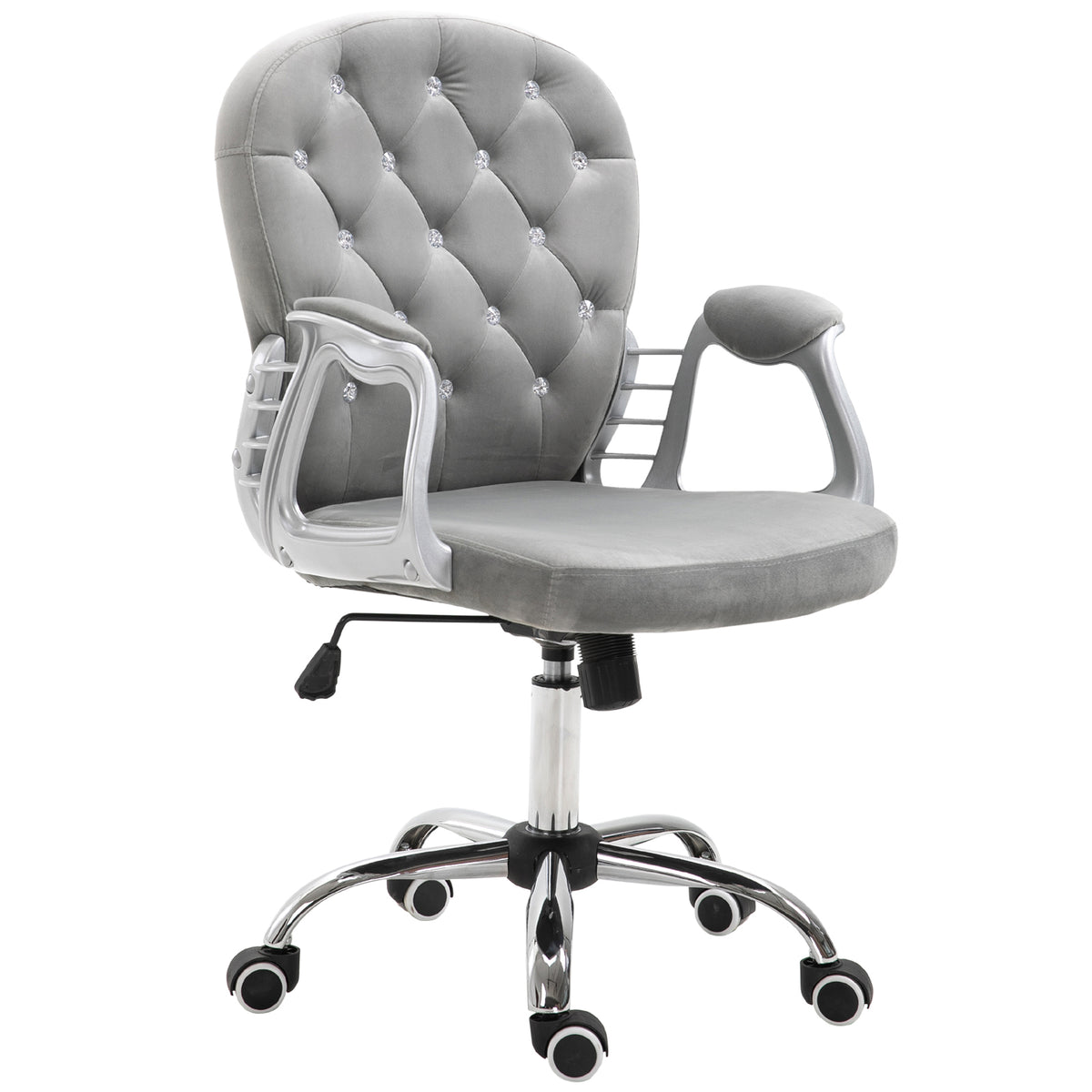 Cadeira de Escritório Estofada em Veludo Cadeira Giratória com Altura Ajustável Apoio para os Braços e Decorações de Cristal Carga 120 kg Cadeira para Estudio Dormitório 59,5x60,5x95-105 cm Cinzenta — foto 1