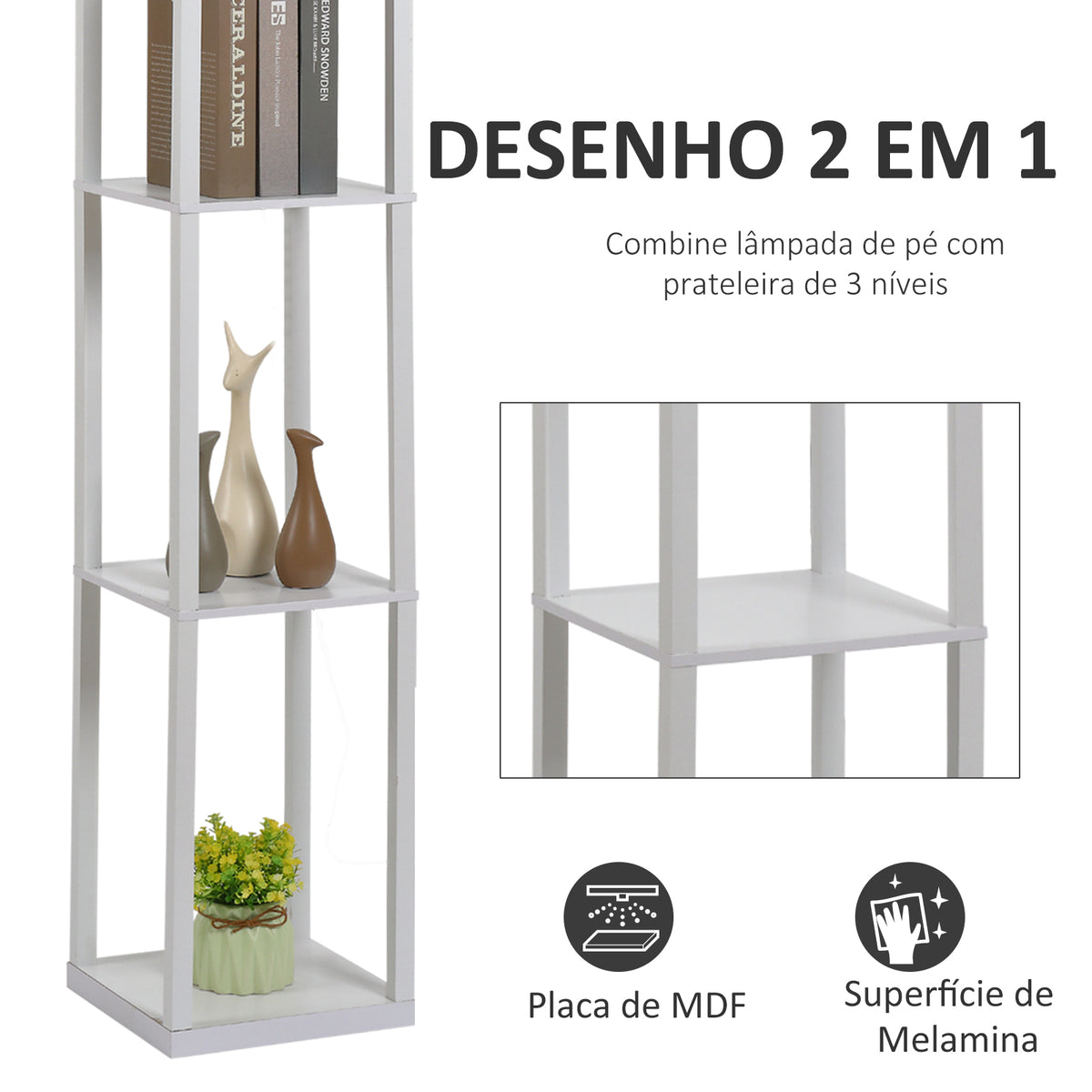 Candeeiro de Pé de Madeira com 3 Prateleiras De Armazenamento para Lâmpada E27 Potência Máx. 40W Candeeiro Moderno para Sala de Estar Dormitório 26x26x160cm Branco — foto 4