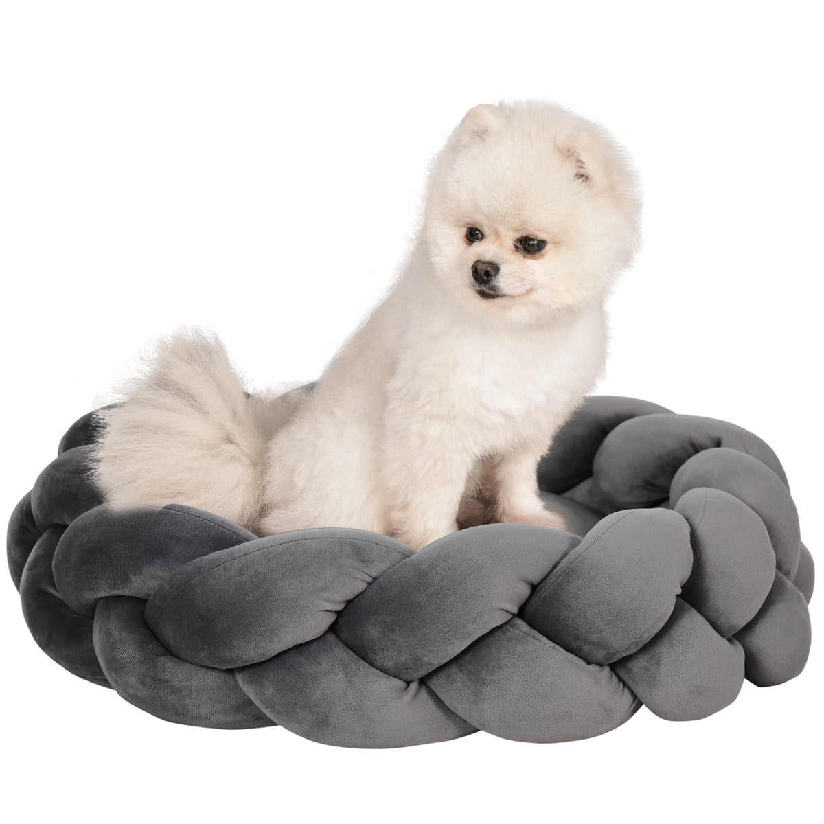 Cama para Cães Pequenos Cama para Gatos Lavável Cama para Animais de Estimação Redonda com Almofada Independente e Corda de Algodão 55x55x14 cm Cinza — foto 1