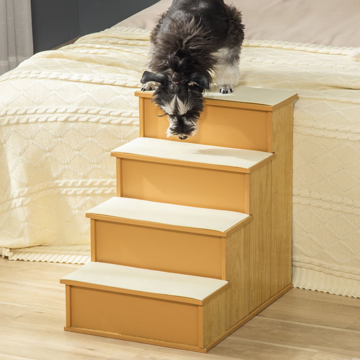 Escada para Animais de Estimação de 4 Degraus Escada para Cães e Gatos com Tapetes Antideslizantes Removíveis Carga 30 kg para Cama Sofá 40x59x54,2 cm Madeira e Creme — foto 2