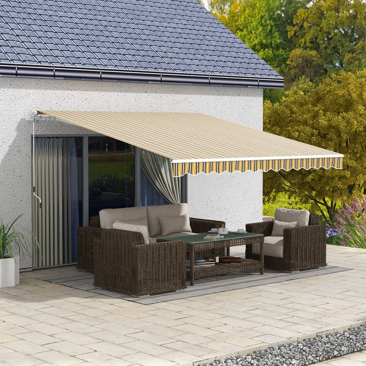 Toldo Manual Retrátil 350x250 cm Toldo para Varanda com Manivela de Metal Impermeável e Anti-UV Toldo Enrolável de Exterior para Jardim Terraço Janelas Cinza e Amarelo — foto 2