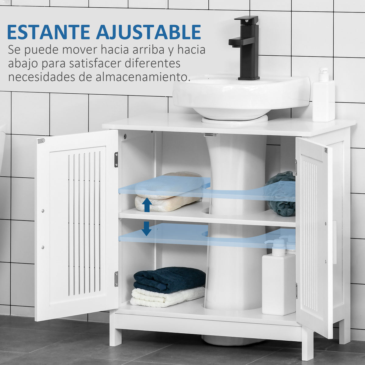 Móvel para Lavatório Armário Casa de Banho de Chão de Madeira com 2 Portas Ventiladas e Prateleira Interior Ajustável Moderno 60x30x60 cm Branco — foto 5