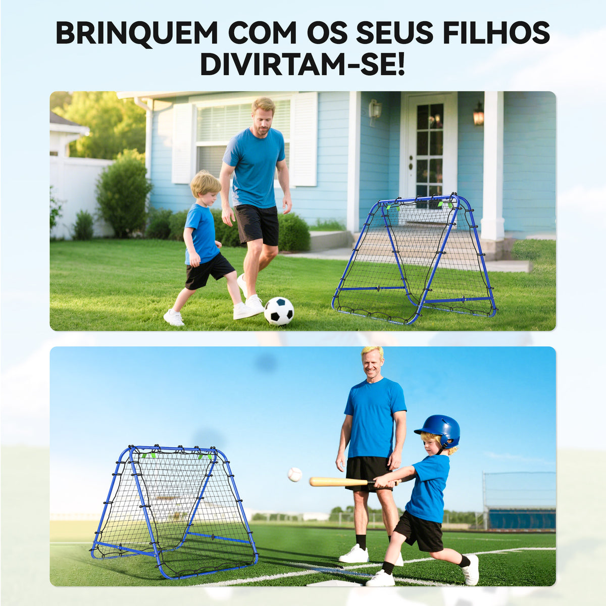 Rede de Rebote Dobrável para Treino Desportivo Ajustável em 5 Níveis de Ângulo com Tubo de Aço para Futebol Ténis e Basebol 100x95x90 cm Azul — foto 7