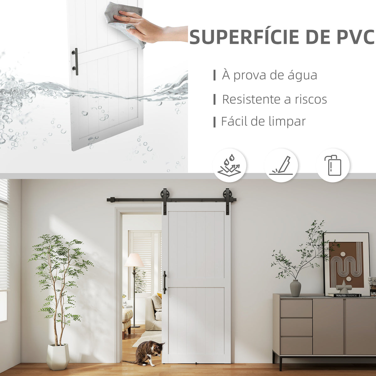 Porta de Correr Celeiro com Ferragens Porta Corredera de Interior com Puxador Rolo e Guia de Chão para Casa de Banho Sala de Estar 91,5x213,4 cm Branco — foto 4