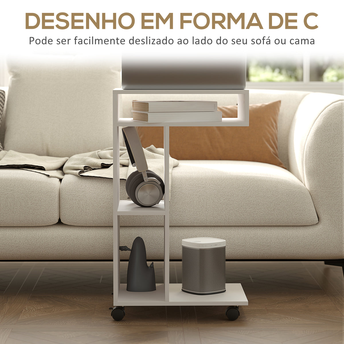 Mesa Auxiliar em Forma de C Mesa Auxiliar para Sofá com Rodas Compartimentos Abertos Mesa Lateral para Sala de Estar Dormitório 40x30x69 cm Branco — foto 5