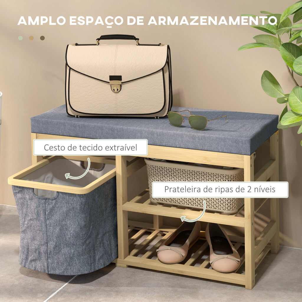 Banco para Sapatos de Bambu Móvel Sapateira com Assento Cesta Amovível e Prateleiras Abertas para 4 Pares de Sapatos Banco Sapateira para Entrada Corredor 69x30x45 cm Madeira — foto 5