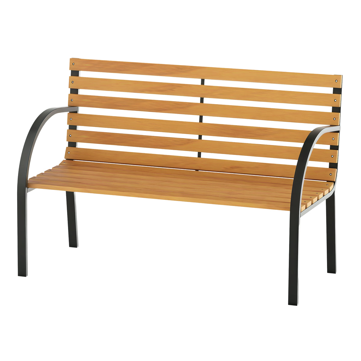 Banco de jardim 2 lugares com encosto e apoios de braços Ripas de madeira e estrutura de aço Carga 230 kg 122x60x80 cm Cor natural e preto — foto 1