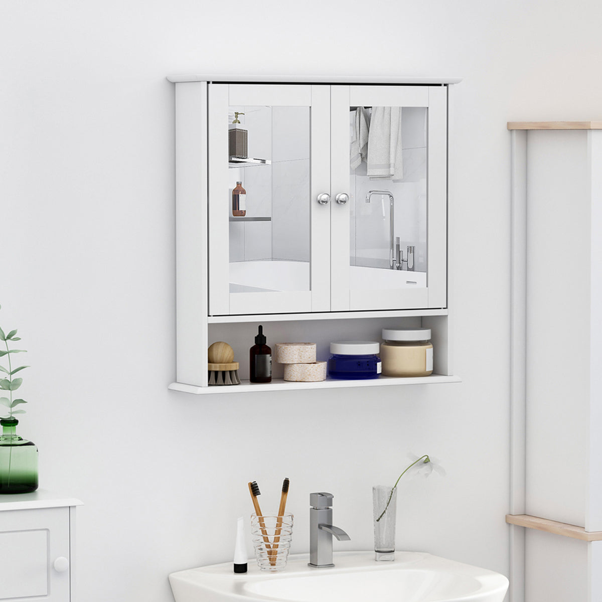 Armário de Casa de Banho com Espelho, Armário de Parede com 2 Portas, Prateleira Aberta, Prateleira Ajustável, Móvel de Parede para Cozinha ou Sala, 56x13x58 cm, Branco — foto 2