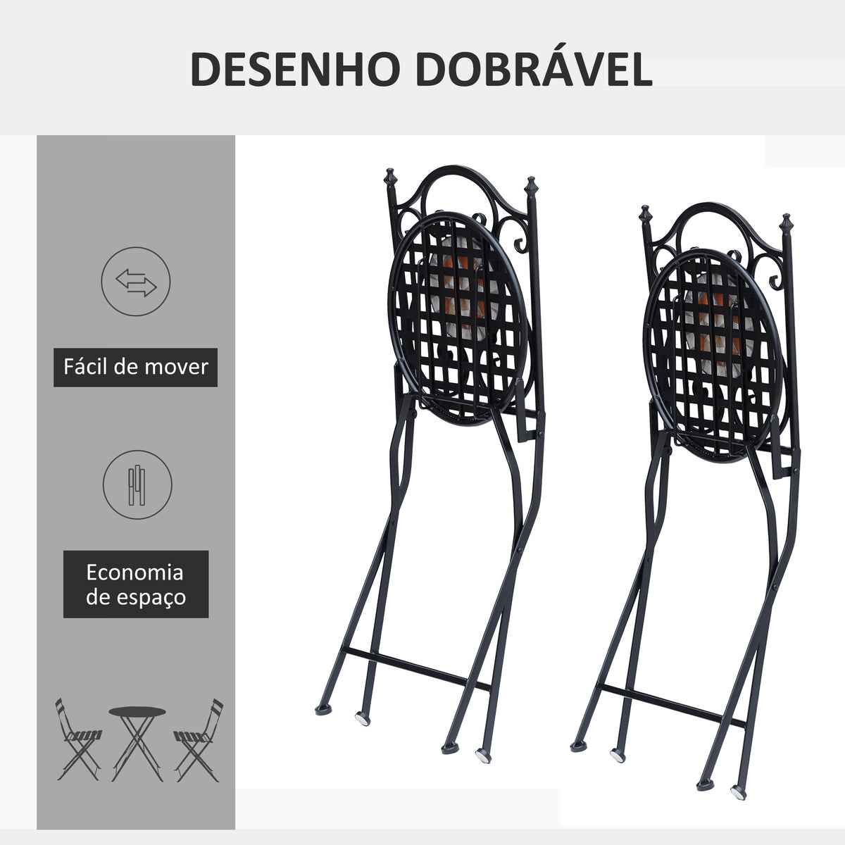 Conjunto de 2 Cadeiras Dobráveis de Jardim Cadeiras com Mosaico para Varanda Pátio Carga Máxima 120 kg 50x40x94,5 cm Preto — foto 5