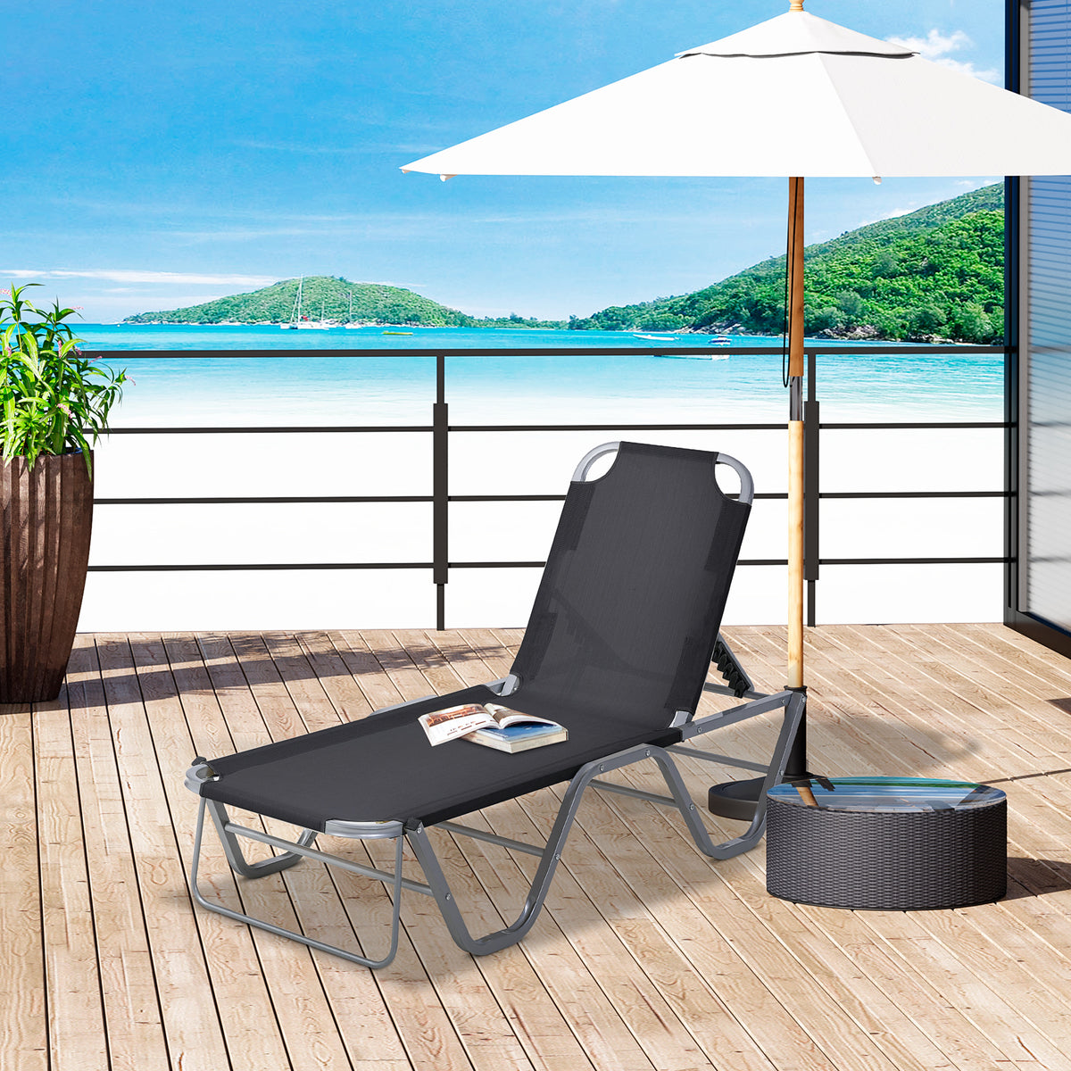 Espreguiçadeira de Jardim com Encosto Ajustável em 5 Posições de Alumínio e Textilene para Varanda Terraço Exterior 163x58,5x91 cm Preto — foto 2