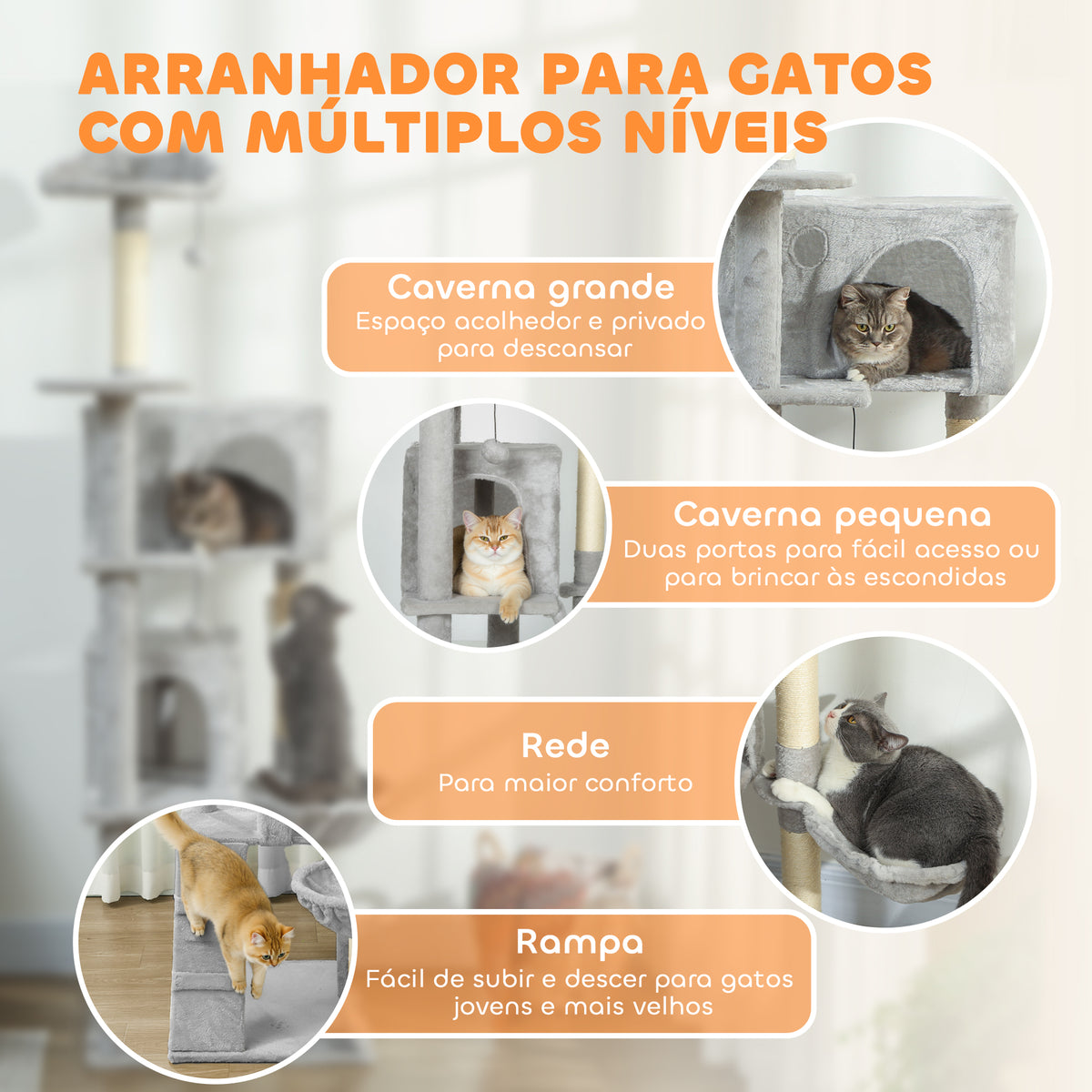Arranhador para Gatos 180 cm Torre de Escalada com Múltiplas Plataformas Cama 2 Cavernas Rede Escada Postes de Sisal Bolas para Brincar Cinza — foto 4