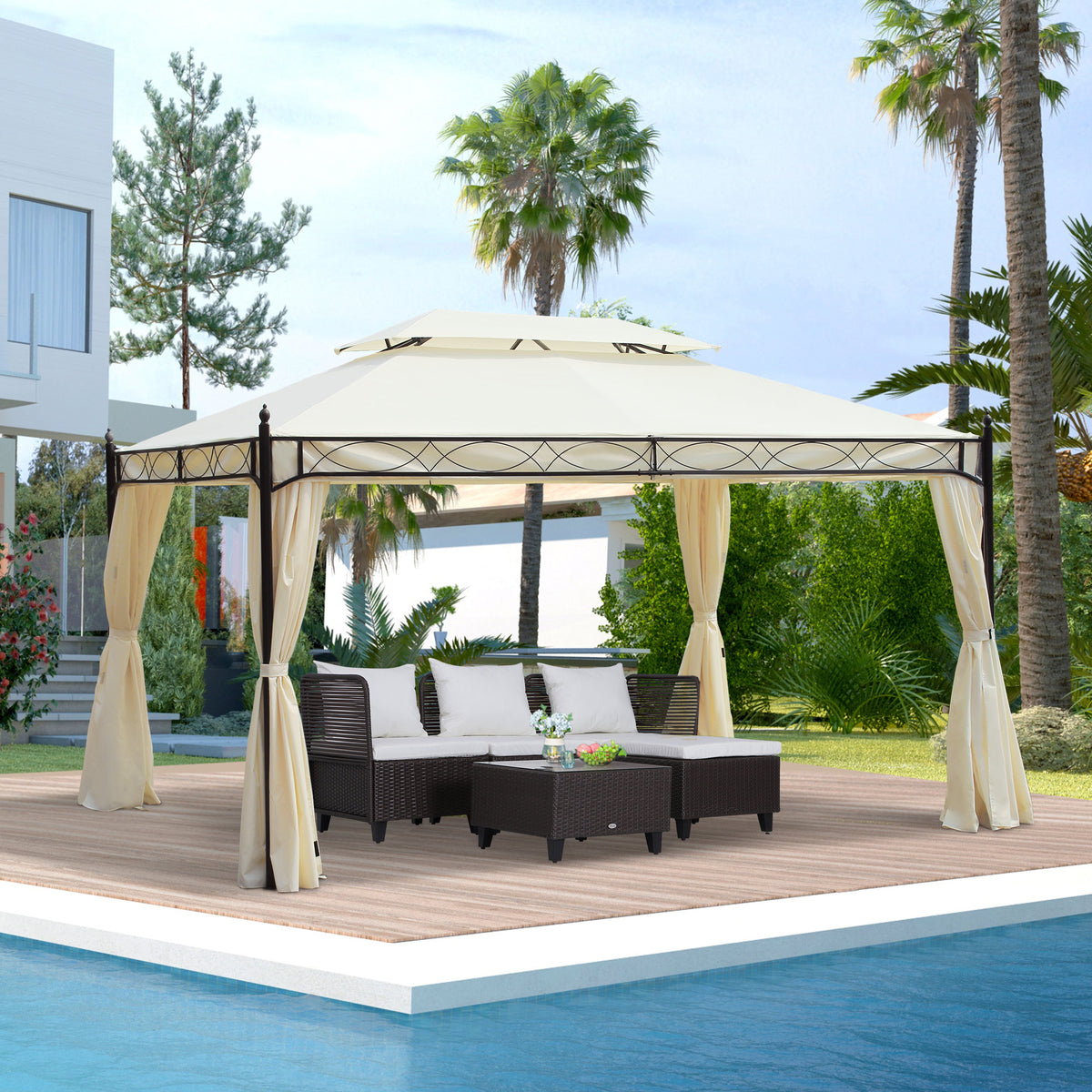 Pérgola de Jardim 4x3m Pérgola com Teto Duplo Respirável com 4 Cortinas Laterais Removíveis Estrutura de Aço para Festas Casamentos Eventos Creme — foto 2
