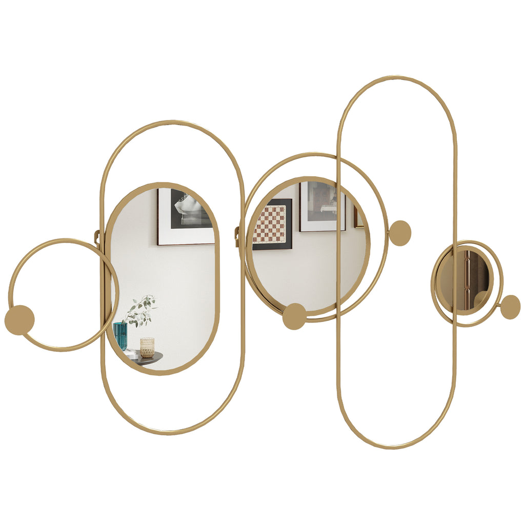 Cabide de Parede com 4 Ganchos e 3 Espelhos Decorativos para Pendurar Casacos Bolsas para Entrada Corredor 106x71 cm Dourado — foto 1