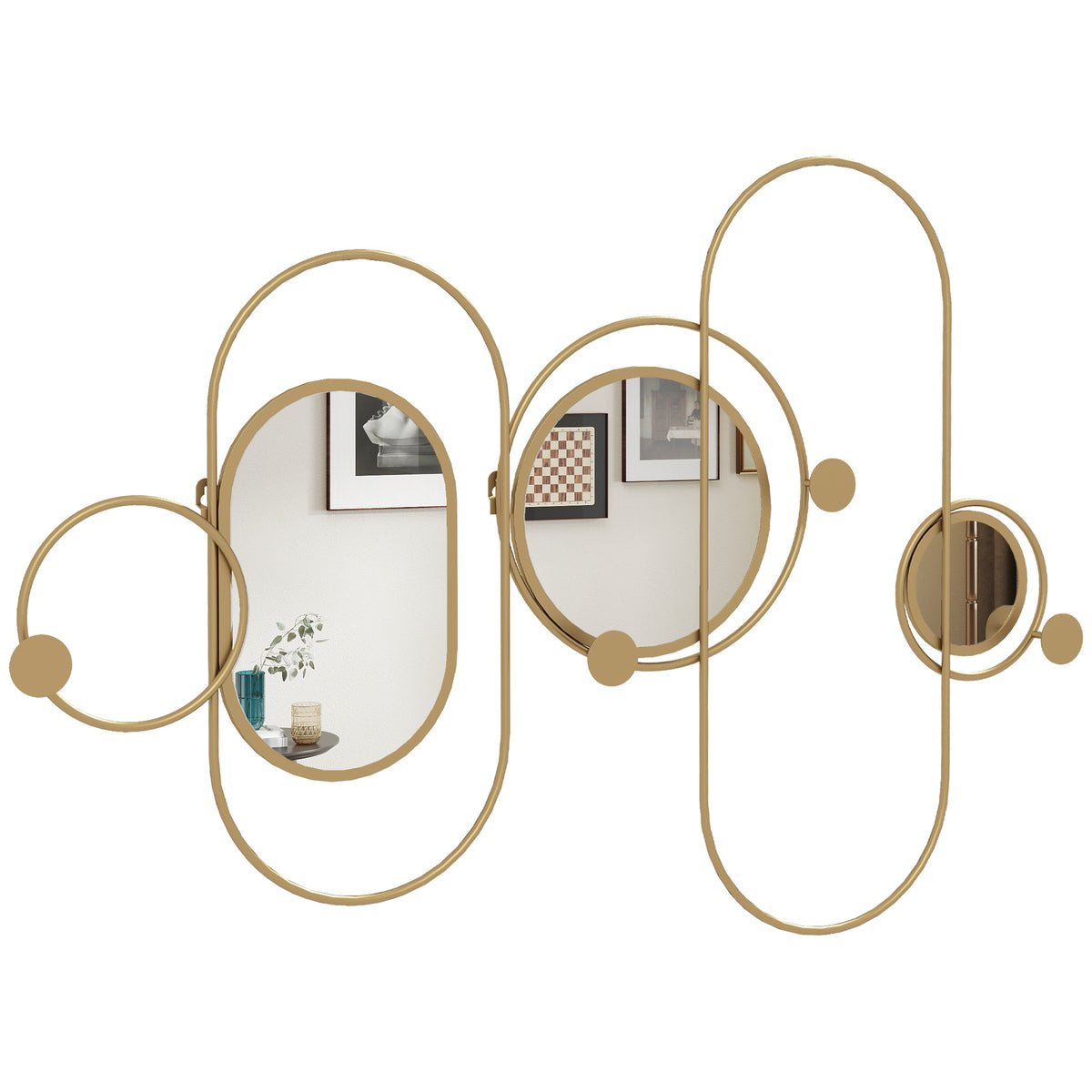 Cabide de Parede com 4 Ganchos e 3 Espelhos Decorativos para Pendurar Casacos Bolsas para Entrada Corredor 106x71 cm Dourado — foto 1