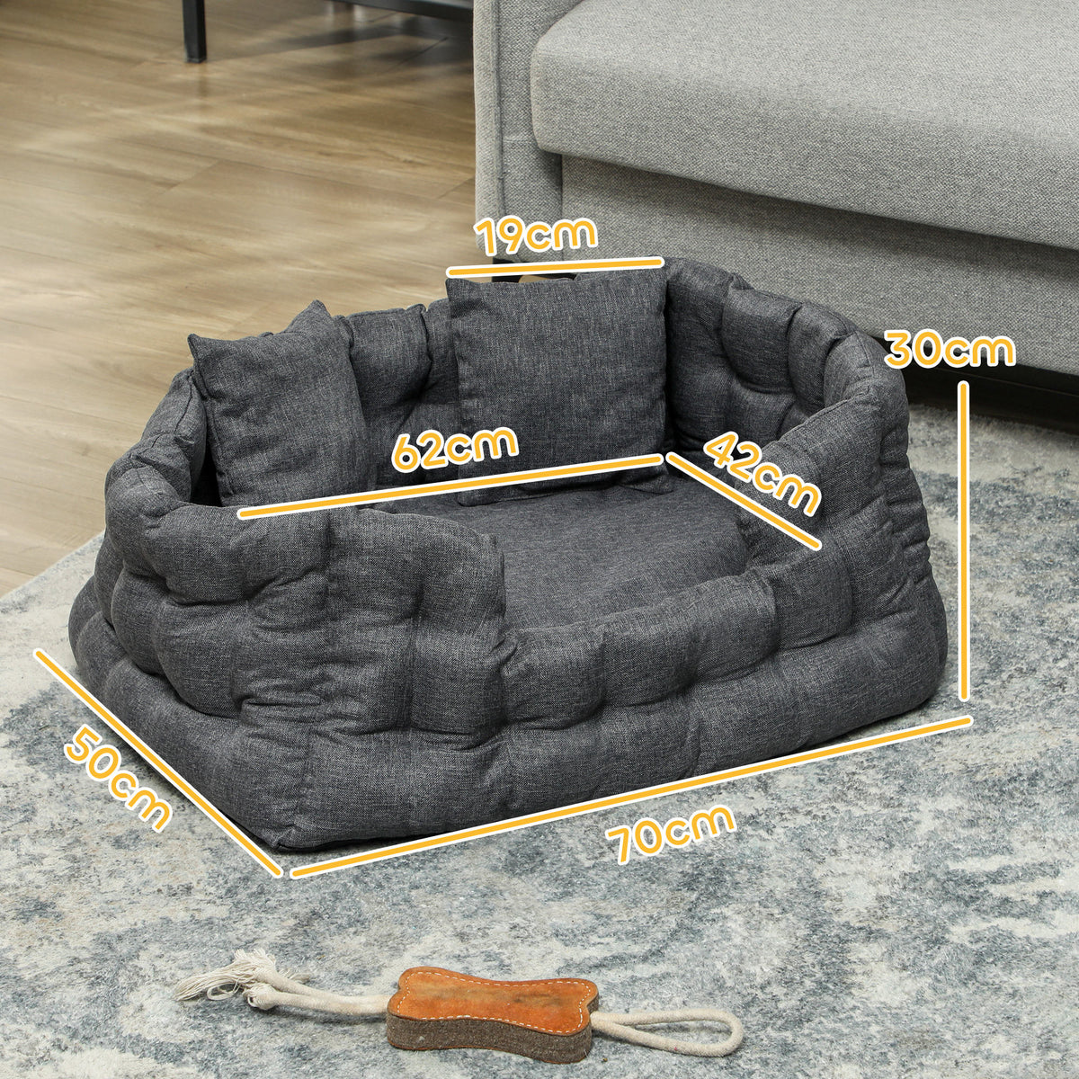 Cama para Cães Pequenos Cama para Animais de Estimação com 2 Almofadas Cama para Cães com Base Antiderrapante Capa Amovível e Lavável 70x50x30 cm Cinza — foto 3