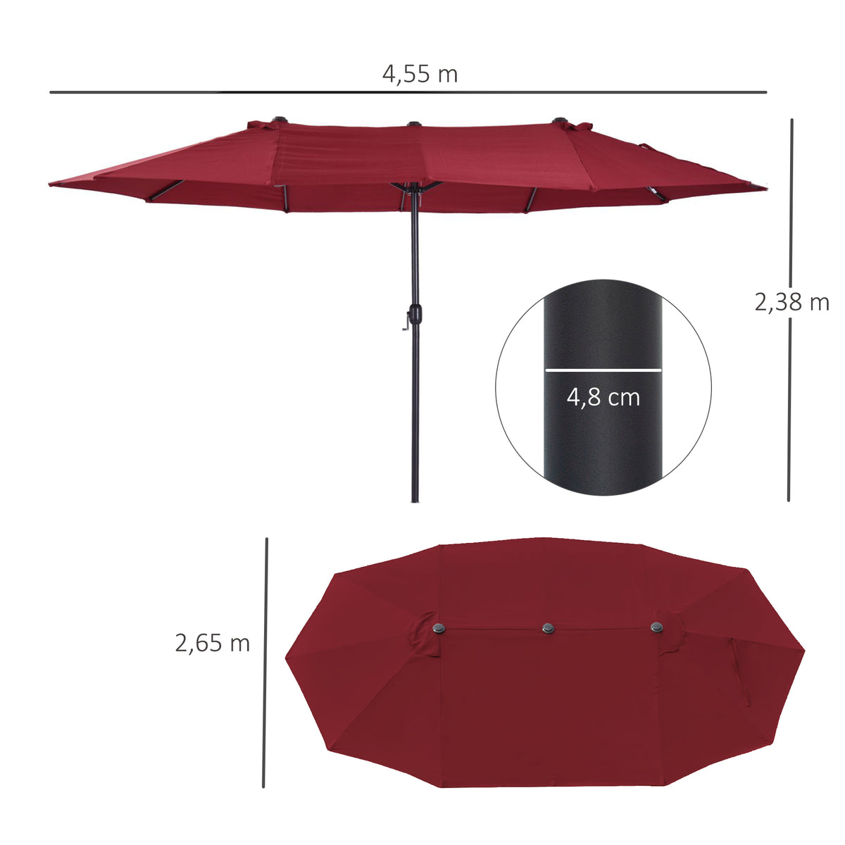 Chapéu de Sol Duplo 4,55x2,65x2,38 m Chapéu de Sol de Jardim com Manivela Manual Resistente à Água e com Proteção Solar UV para Terraço Pátio Vinho — foto 3