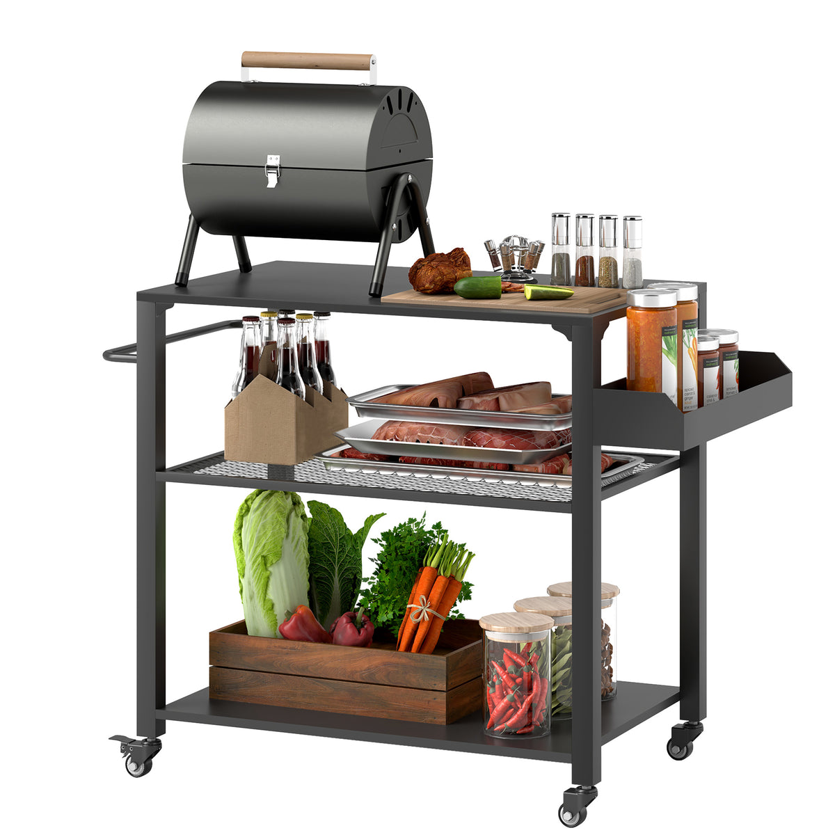 Carrinho de Apoio para Barbecue de 3 Níveis Carrinho de Barbecue Carrinho de Serviço com 4 Rodas Prateleiras e Puxador Mesa de Apoio para Forno de Pizza para Jardim Pátio 105x50x79 cm Preto — foto 1