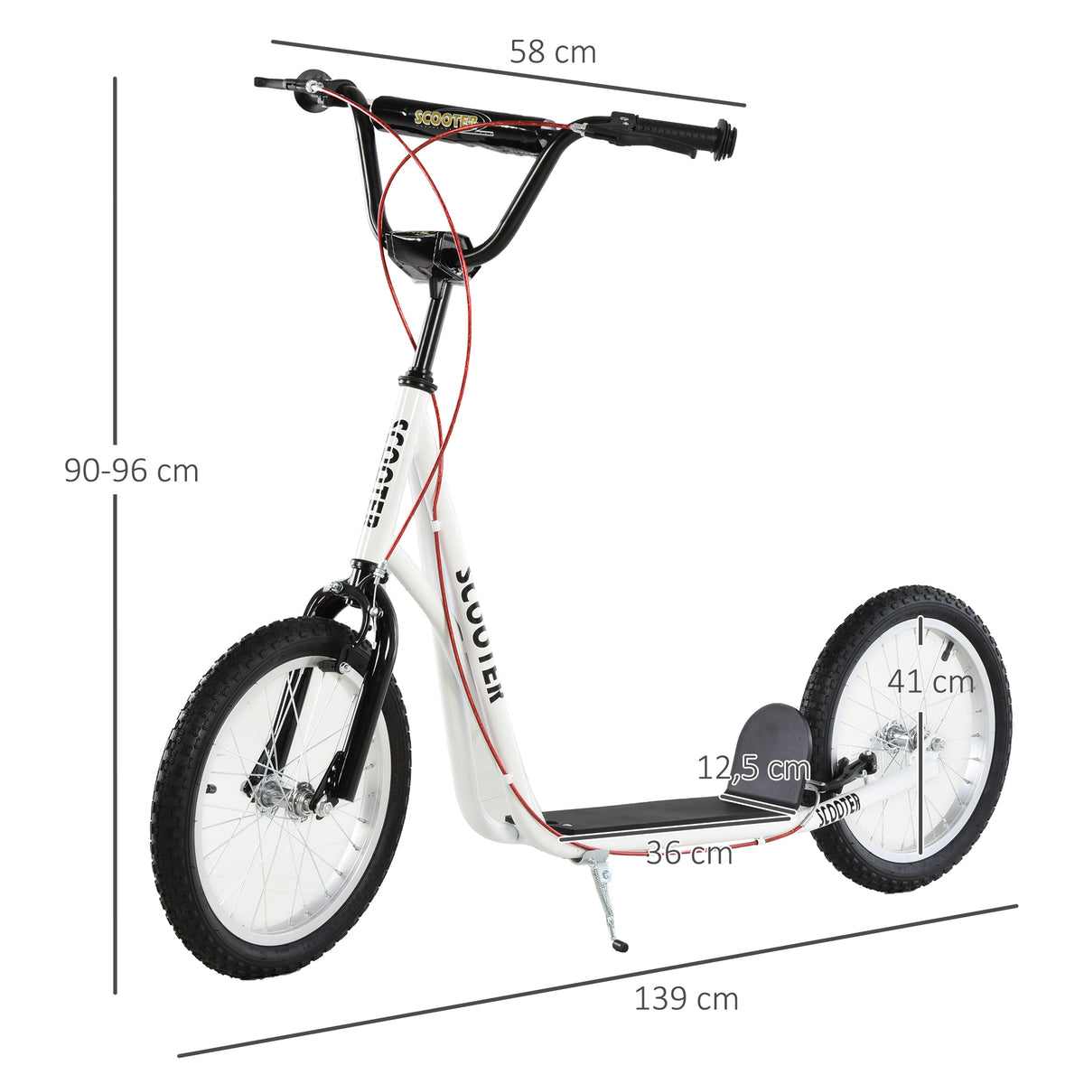 Trotinete para Crianças acima de 5 Anos e Adolescentes com Guiador Ajustável em Altura 2 Pneus de Borracha Insufláveis com Travagem Dupla e Rodas 16" Carga 100 kg 139x58x90-96 cm Branco — foto 3