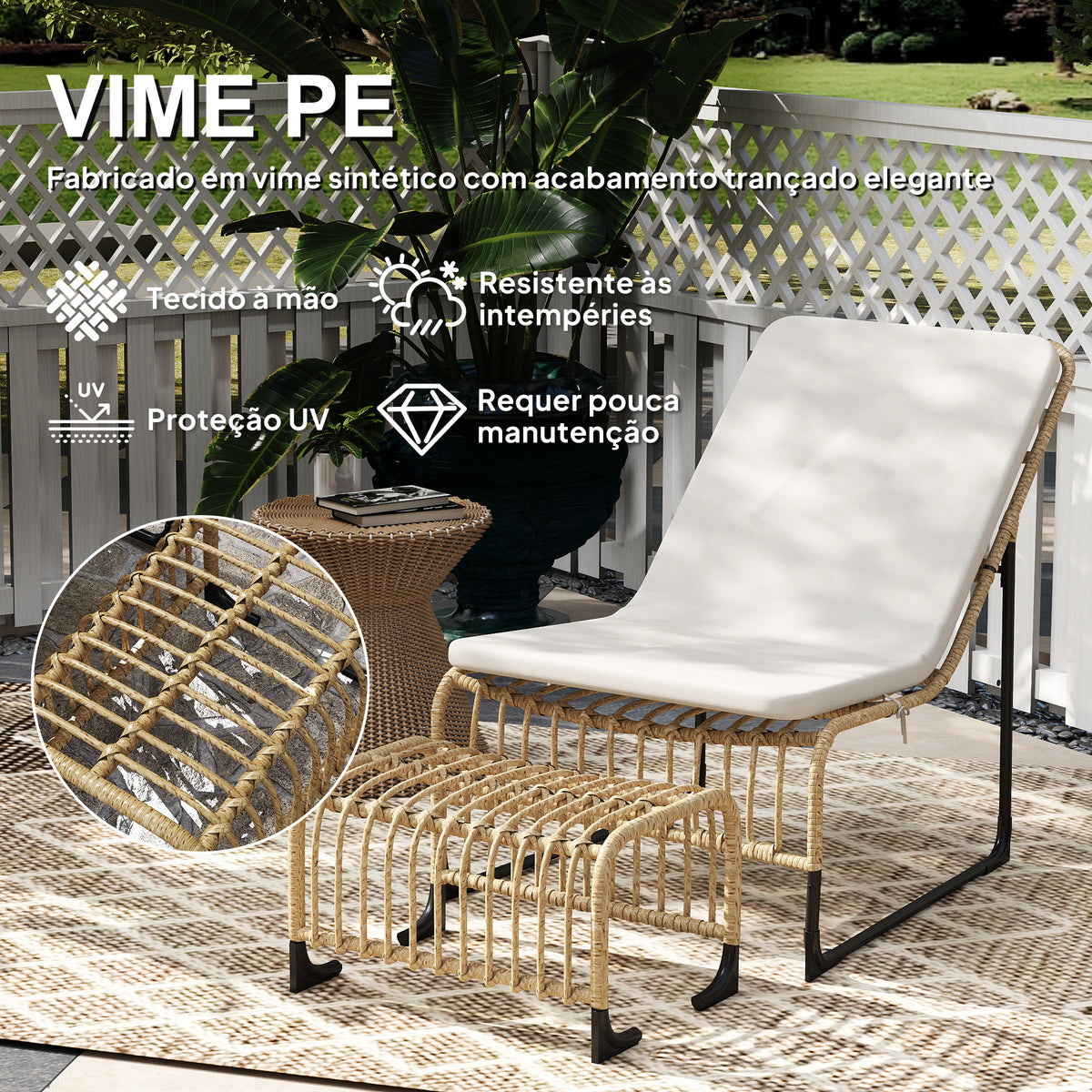 Conjunto de Poltrona de Jardim com Apoio para os Pés de Vime Sintético Poltrona para Exterior com Almofada Acolchoada e Estrutura de Aço 65x93x80 cm Madeira e Bege — foto 4