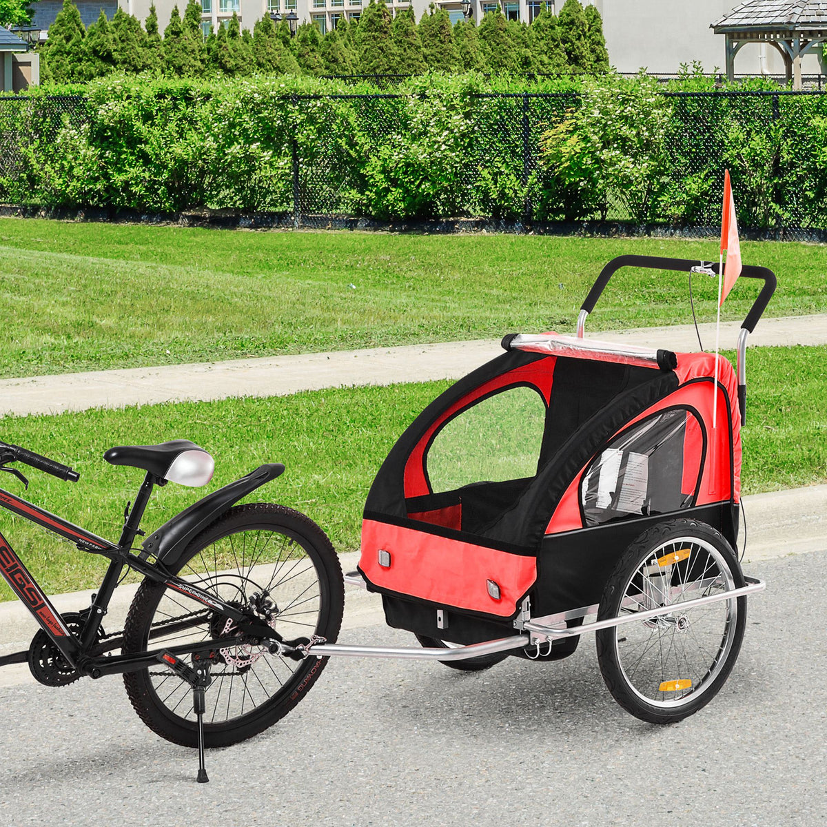Reboque de Bicicleta 2 EM 1 para crianças de 2 lugares com Amortecedores Convertível em carrinho com barra e kit de corrida 129x85x105cm Vermelho — foto 2