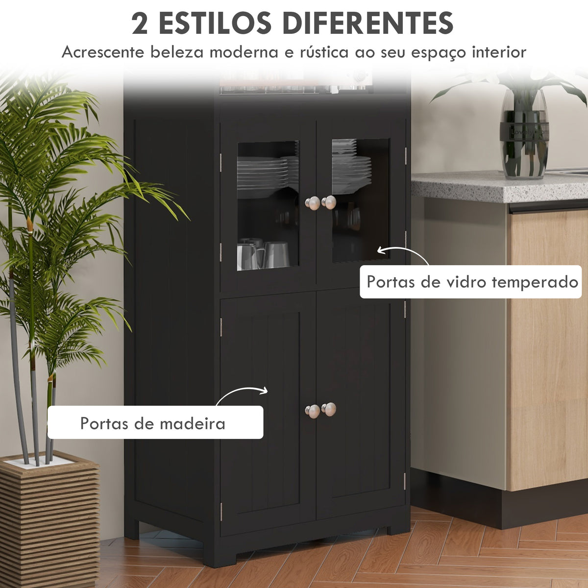 Armário de Cozinha com 2 Portas de Vidro Temperado 2 Prateleiras Abertas e Armário com Prateleira Ajustável para Sala de Estar 60x30x162 cm Preto — foto 5
