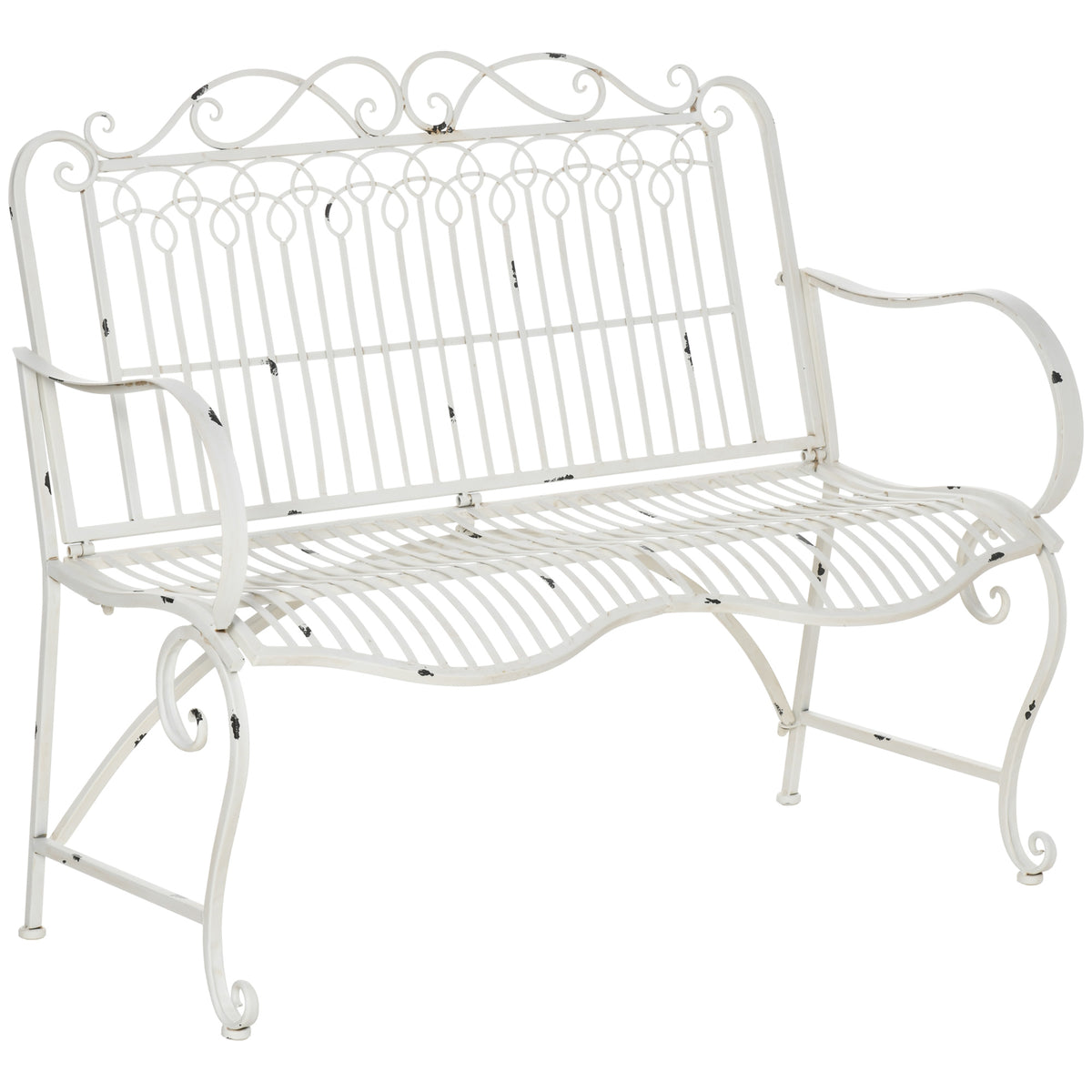 Banco de Jardim de 2 Lugares 110x60x97cm Banco de Exterior de Metal com Encosto Decorativo e Apoio para os Braços para Terraço Balção 200kg Branco — foto 1