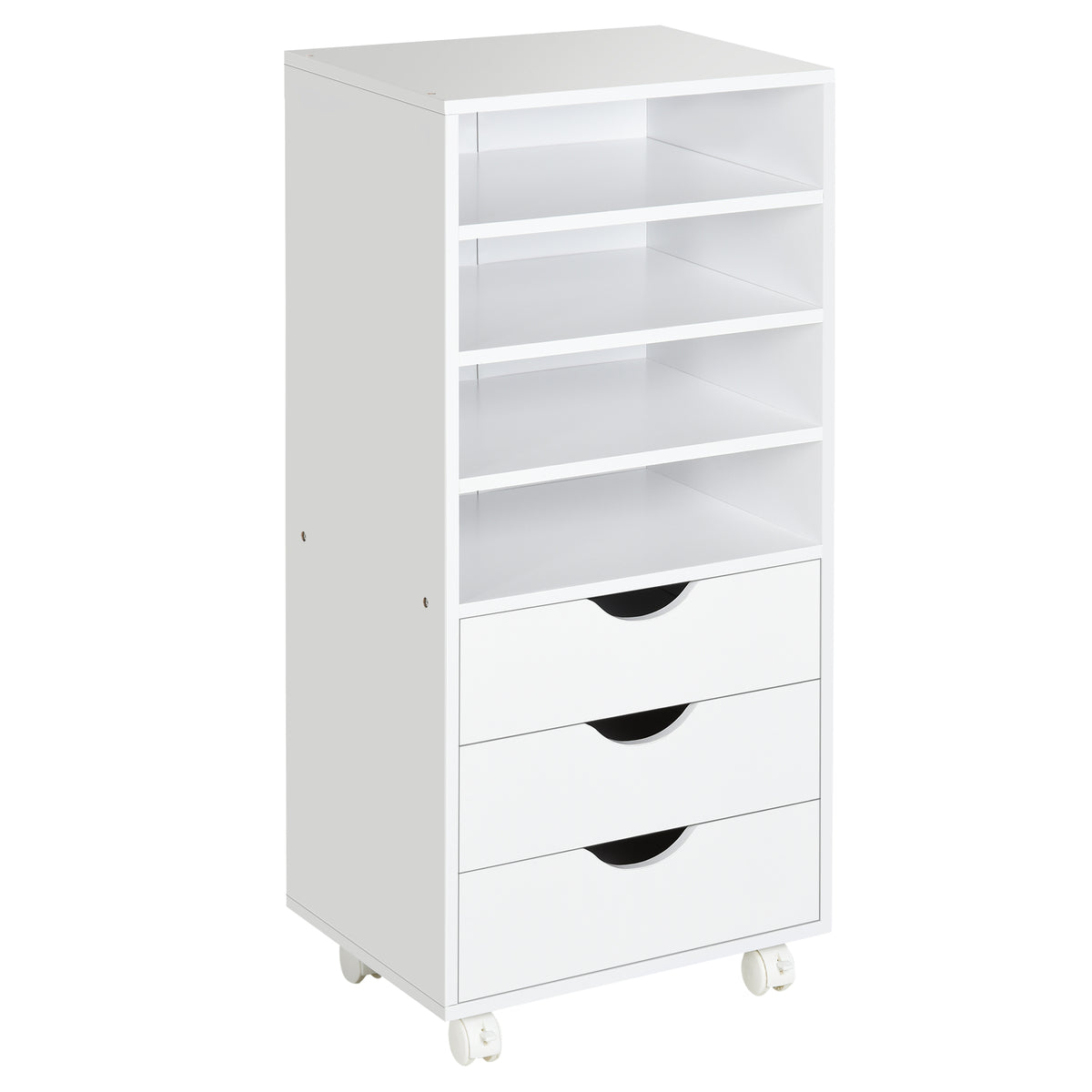 Móveis auxiliares para escritório Estudo Grande espaço de armazenamento com 3 gavetas 4 prateleiras abertas 4 rodas 40x30x83 cm Branco — foto 1