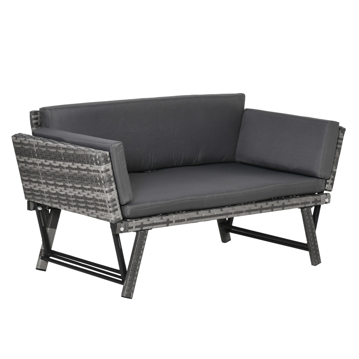 Sofá de 2 Lugares Vime Sintético Convertível em Cama Sofá de Jardim Exterior com Almofada Mobiliário Pátio Terraço 129x66x67cm Cinza — foto 1