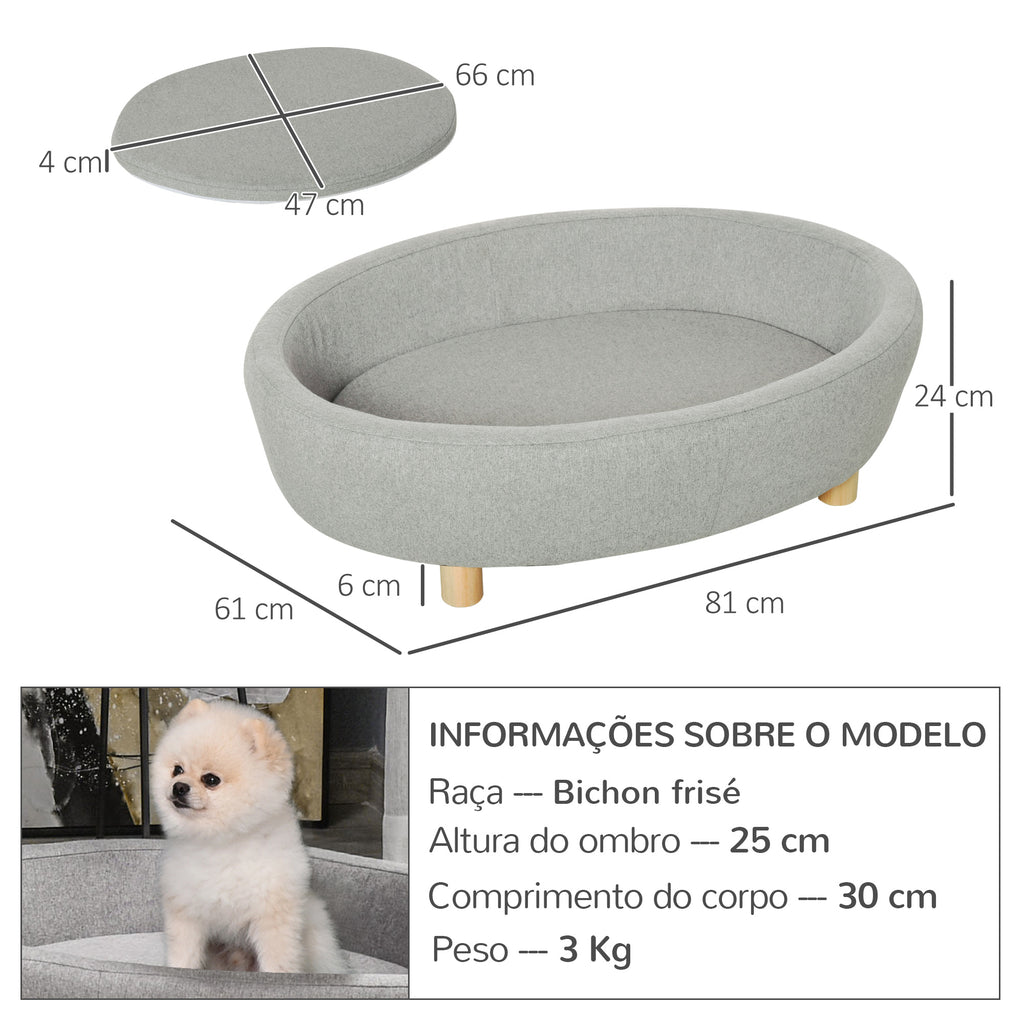 Sofá Cama para Animais de Estimação Pequenos e Medios com Almofada Acolchoada Amovível Pernas de Madeira Bordas Elevadas 81x61x24 cm Cinza — foto 3