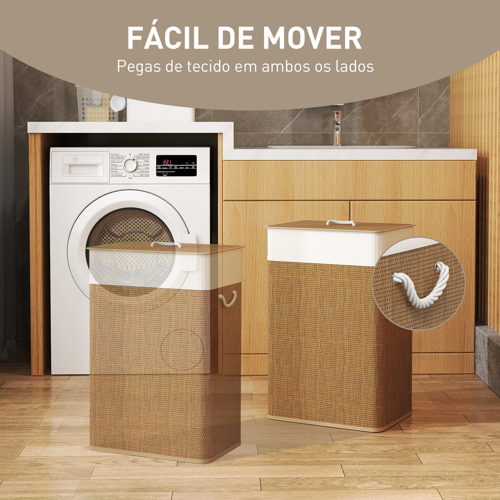 Cesto de Roupa com Tampa 72L Cesto de Roupa de Bambu com Bolsa Interior Removível e Alças para Lavandaria Dormitório 40x30x60 cm Madeira e Creme — foto 6