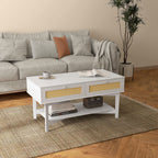 Mesa de Centro com 2 Gavetas Decorativas de Vime e Prateleira de Armazenamento Inferior para Sala de Estar Escritório Carga 50 kg 100x50x50 cm Branco — foto 2