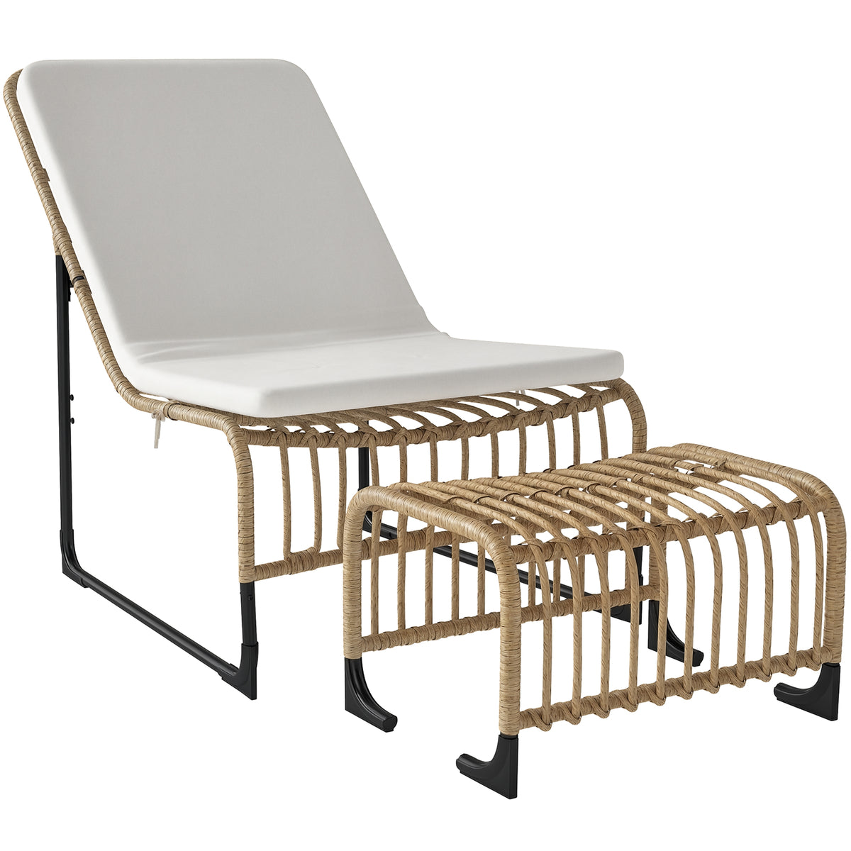 Conjunto de Poltrona de Jardim com Apoio para os Pés de Vime Sintético Poltrona para Exterior com Almofada Acolchoada e Estrutura de Aço 65x93x80 cm Madeira e Bege — foto 1