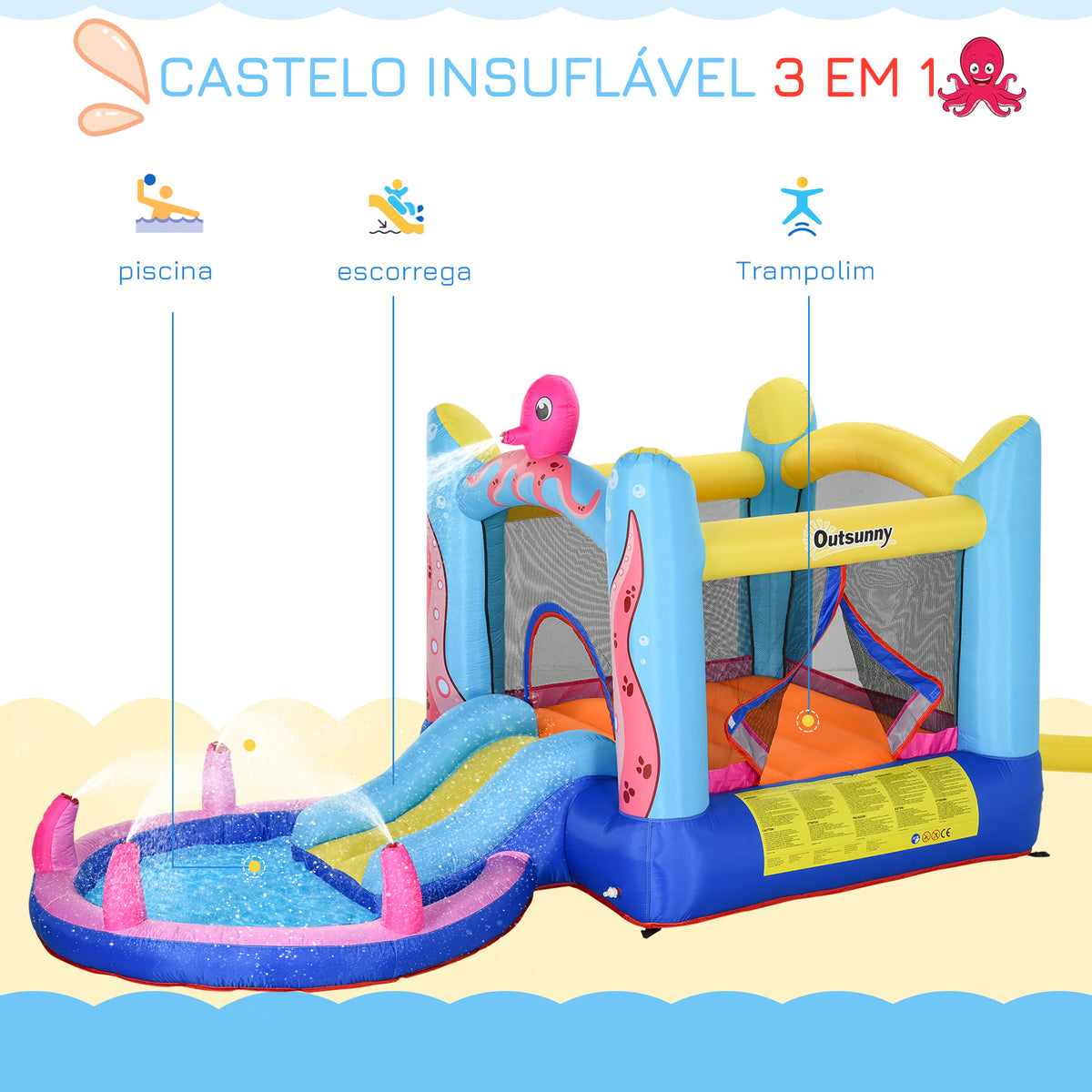 Castelo Insuflável com Escorrega Trampolim e Piscina para Crianças acima de 3 Anos Inclui Insuflador e Bolsa de Transporte para Interior e Exterior 360x175x180cm Multicor — foto 4